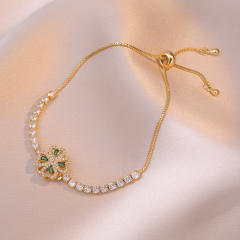 Sweet green cubic zircon rotating clover stainless steel chain necklace bracelet suit