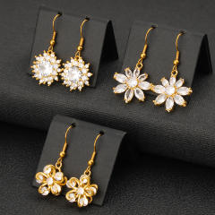 Luxury copper diamond petal flower stainless steel ear hook earrings