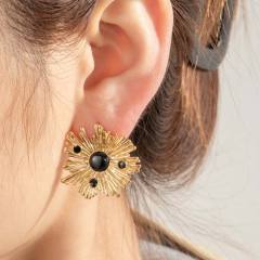 Vintage red black enamel flower sun shape stainless steel earrings