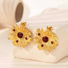 Vintage red black enamel flower sun shape stainless steel earrings