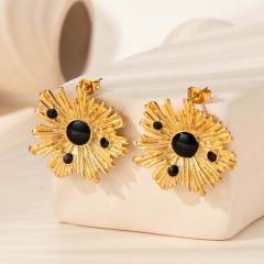 Vintage red black enamel flower sun shape stainless steel earrings