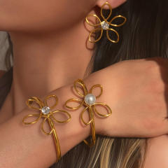 18KG Big size hollow out flower stainless steel earrings bangle suit