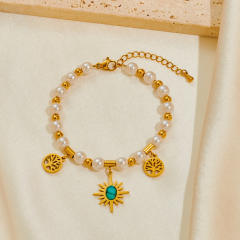 Titanium Steel Bracelet Women's High-end Pearl bead evil eye five petal flower charm bracelet