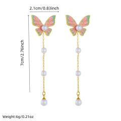 Korean-style Pearl Tassel Long Multi-color enamel butterfly stainless steel earrings