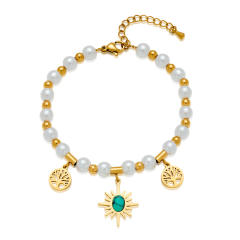 Titanium Steel Bracelet Women's High-end Pearl bead evil eye five petal flower charm bracelet