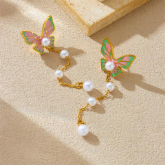 Korean-style Pearl Tassel Long Multi-color enamel butterfly stainless steel earrings