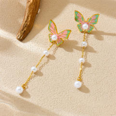 Korean-style Pearl Tassel Long Multi-color enamel butterfly stainless steel earrings