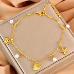 Summer ocean animal series pearl bead charm stainless steel anklet