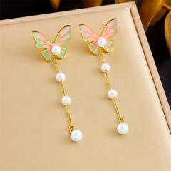 Korean-style Pearl Tassel Long Multi-color enamel butterfly stainless steel earrings