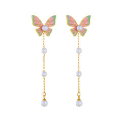 Korean-style Pearl Tassel Long Multi-color enamel butterfly stainless steel earrings