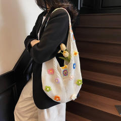 Hollow Woven Bag Women's Large Capacity Summer Straw Bag Seaside Vacation Flower Beach Bag
