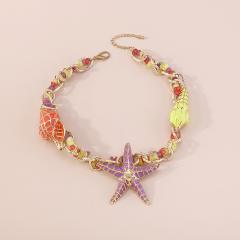 Holiday Necklace ZA Alloy Dropping Oil Starfish Shell Exaggerated Beaded Necklace for Women