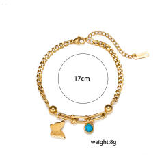 18KG turquoise stone bead butterfly heart clover charm stainless steel bracelet