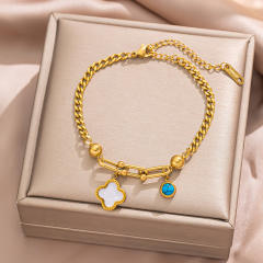 18KG turquoise stone bead butterfly heart clover charm stainless steel bracelet