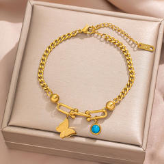 18KG turquoise stone bead butterfly heart clover charm stainless steel bracelet