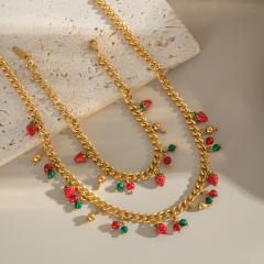 Summer holdiay sweet fruit strawberry charm stainless steel necklace bracelet suit