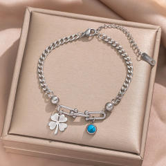 18KG turquoise stone bead butterfly heart clover charm stainless steel bracelet