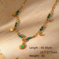 Natural Stone Beaded Crystal Pendant Necklace Stainless Steel necklace
