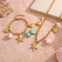 DIY Marine Fish stainless Steel Bracelet Starfish Ceramic Pendant necklace bracelet suit
