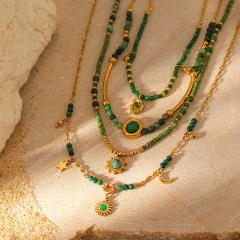 Natural Stone Beaded Crystal Pendant Necklace Stainless Steel necklace