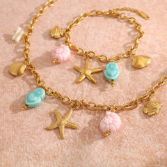 DIY Marine Fish stainless Steel Bracelet Starfish Ceramic Pendant necklace bracelet suit