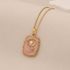 Spring Color Sun Flower enamel Pendant stainless steel necklace