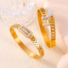Delicate cubic zircon rhinestone inlaid stainless steel bangle bracelet