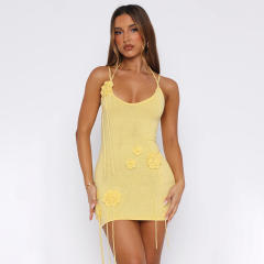 Women's Summer New Sexy Halterneck Lace-Up Flower Woolen Hip-Hugging Short dress