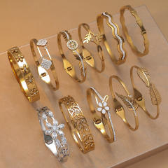 Easy match leaf flower rhinestone inlaid stainless steel bangle bracelet
