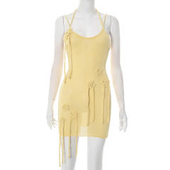Women's Summer New Sexy Halterneck Lace-Up Flower Woolen Hip-Hugging Short dress
