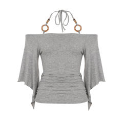 2025 Summer Women's Street Hot Girl One-Shoulder Wooden Beads Halter Neck Bat Sleeve Solid Color Slim T-Shirt