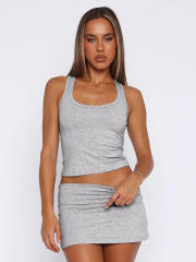 Women's Solid Color Sleeveless Slim U-Neck Vest Top Hip Skirt suit