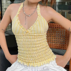 Halter Neck Striped Ruched Waist-Cinching Camisole Short Summer Top