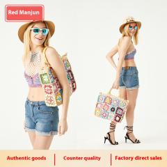 Spring Summer grandma contrast color straw bag women's handmade holiday shoulder bag