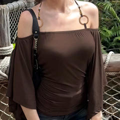 2025 Summer Women's Street Hot Girl One-Shoulder Wooden Beads Halter Neck Bat Sleeve Solid Color Slim T-Shirt