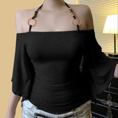 2025 Summer Women's Street Hot Girl One-Shoulder Wooden Beads Halter Neck Bat Sleeve Solid Color Slim T-Shirt