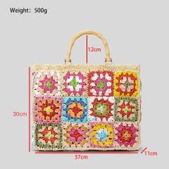 Spring Summer grandma contrast color straw bag women's handmade holiday shoulder bag