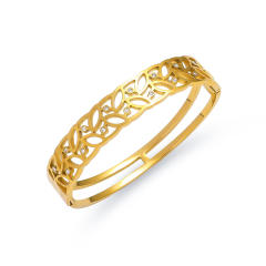 Easy match leaf flower rhinestone inlaid stainless steel bangle bracelet