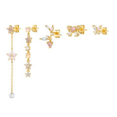 Romantic Pink Tassel Bow Copper Plated Real Gold 18K huggie cartilage earrings set