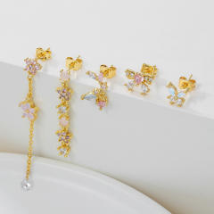 Romantic Pink Tassel Bow Copper Plated Real Gold 18K huggie cartilage earrings set