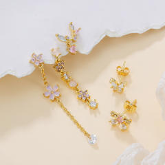Romantic Pink Tassel Bow Copper Plated Real Gold 18K huggie cartilage earrings set