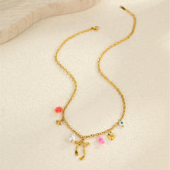 Summer ocean series enamel pink color multi element charms stainless steel necklace