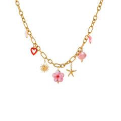 Summer ocean series enamel pink color multi element charms stainless steel necklace