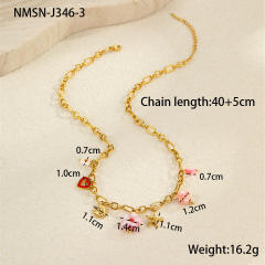 Summer ocean series enamel pink color multi element charms stainless steel necklace