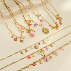 Summer ocean series enamel pink color multi element charms stainless steel necklace