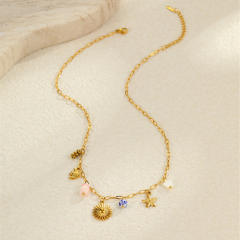 Summer ocean series enamel pink color multi element charms stainless steel necklace