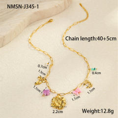 Summer ocean series enamel pink color multi element charms stainless steel necklace