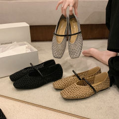 2025 Summer New French Square Head Hollow Woven One-character Belt sandals
