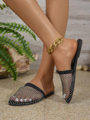 Women's New Breathable Rhinestone Sexy Fishing Net Flat Beach Roman Shoes Slipper