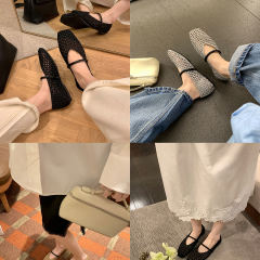 2025 Summer New French Square Head Hollow Woven One-character Belt sandals